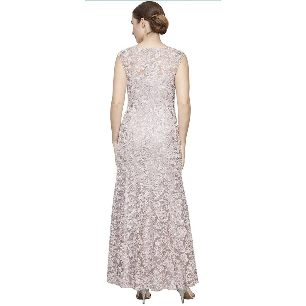 Alex Evenings Dress Gown Midi Size 12 Embroidered Formal Illusion Neckline Pink﻿ - Picture 2 of 8